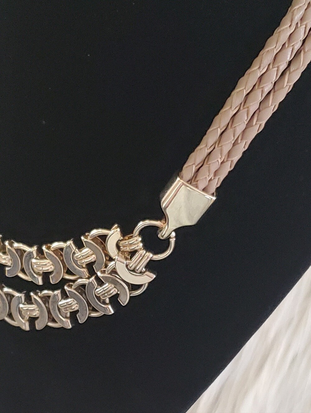 White House Black Market Braided Tan Faux Leather Gold-Tone Statement Necklace - Picture 2 of 8